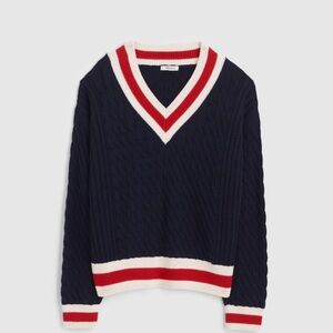 Madewell Navy V-Neck Sweater with Red and White Stripes